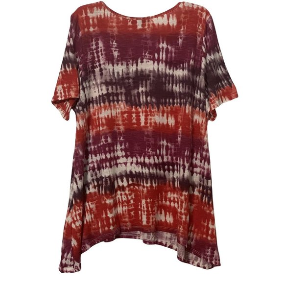 Fred David Hippie Blouse Plus Size 2X Orange Purple White Short Sleeve Tie Dye V - Picture 7 of 14